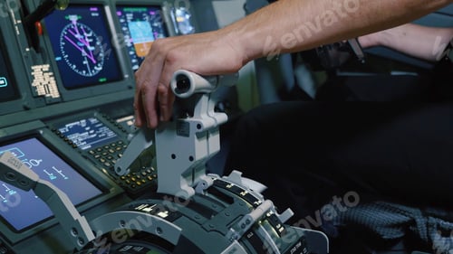 Preview: Pilot Holding Hand On The Thrust Lever Handle For Engine Control Of Airliner.