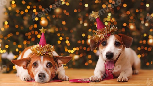 Preview: Jack russell dogs in party hat.