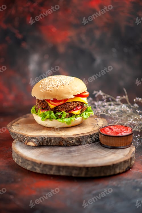 Preview: front view meat burger with salad cheese and tomatoes on dark desk bun sandwich fast-food