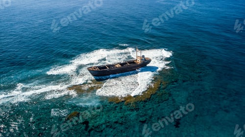 Preview: Aerial view of a shipwreck on a coral reef.