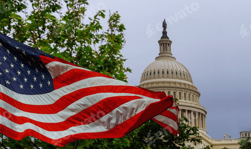 Preview: The US Capitol building with a waving American flag superimposed on the sky Capitol Hill in