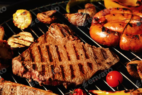 Preview: Fresh grilled meat steaks and vegetables on barbecue grate, closeup