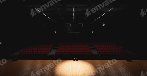 Preview: Theatre with empty stage in spotlight. Red theater curtain and seats