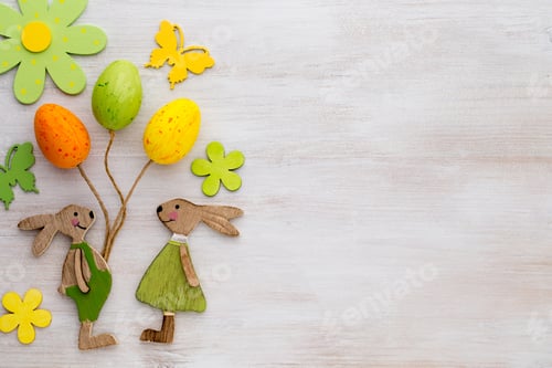 Preview: Spring and Easter decor. Wooden symbols bunny, flowers and butterflies.