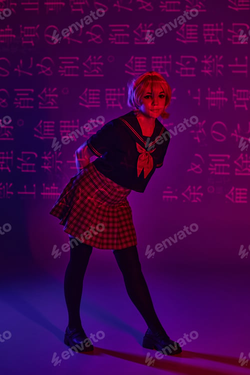 Preview: pretty woman in school uniform posing on neon purple backdrop with hieroglyphs, anime trend
