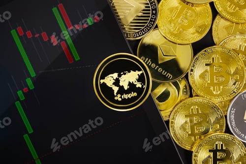 Preview: Ripple by graph on digital tablet near various coins