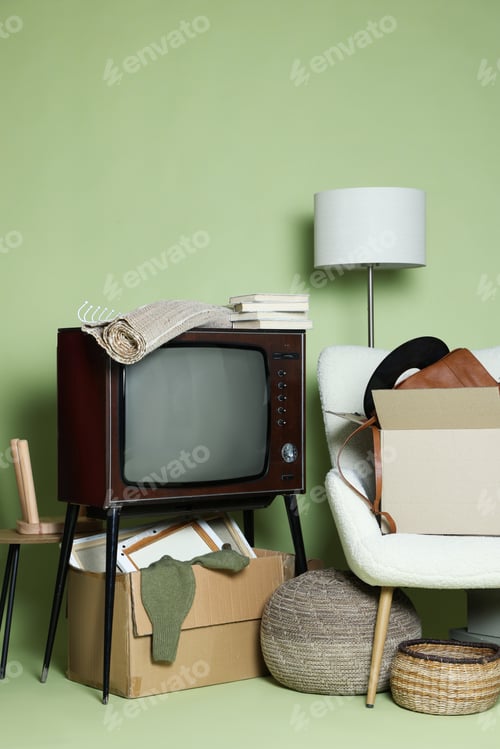 Preview: Garage sale. Different used stuff on green background