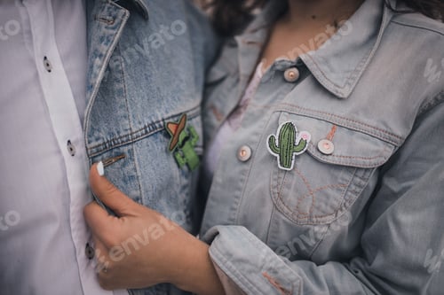 Preview: man and woman dressed in white wedding clothes denim blue jackets