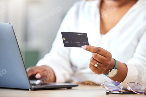 Preview: Finance, fintech woman and online shopping with credit card, laptop and internet bank app. Digital,