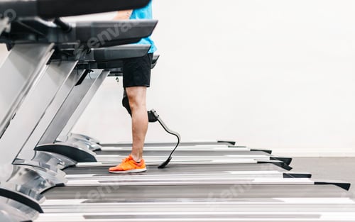Preview: Disabled athlete with leg prosthesis running on a treadmill in the gym.