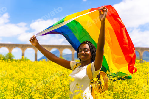 Preview: A black ethnic girl with braids holding the LGBT flag