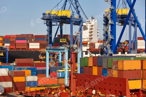 Preview: Containers on a vessel. Global market. Cargo shipping. International economy
