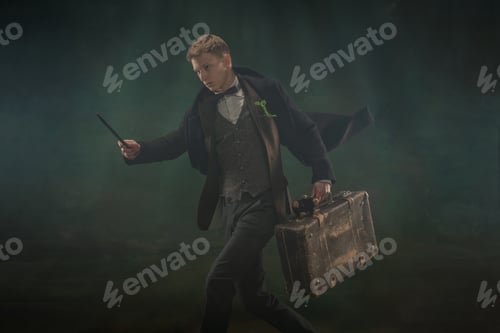 Preview: Young man in art action isolated on dark green background. Retro style, comparison of eras concept