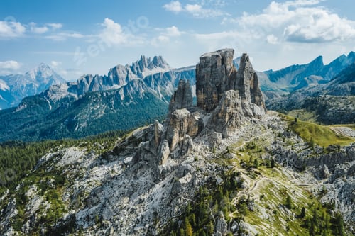 Preview: Aerial view of Cinque Torri in Dolomites mountains in Italy. Epic landscape on a sunny day of summer