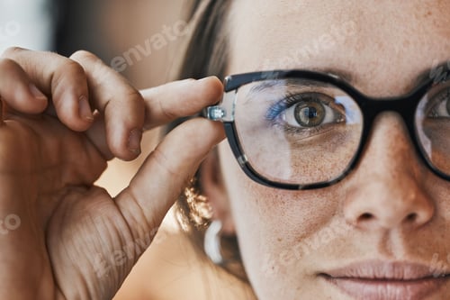 Preview: Portrait, eyes and woman with glasses for optical healthcare, prescription or perception. Female, f