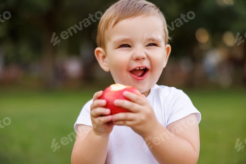 Preview: Toddler boy eating an apple and smiling