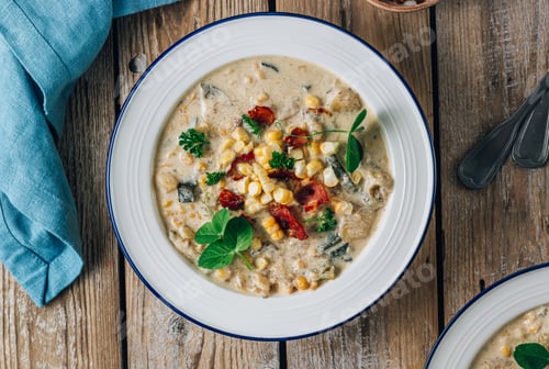 Preview: Creamy Corn, Zucchini, and Bacon Chowder.