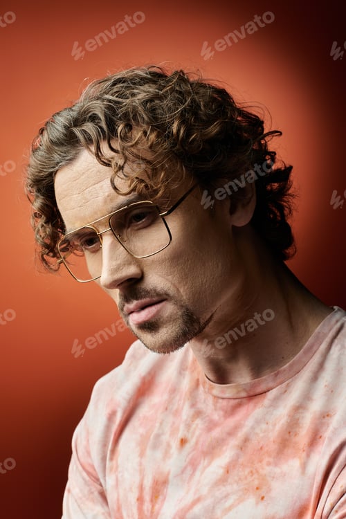 Preview: Emotional Portrait of a Handsome Man With Curly Hair Against a Vibrant Orange Background
