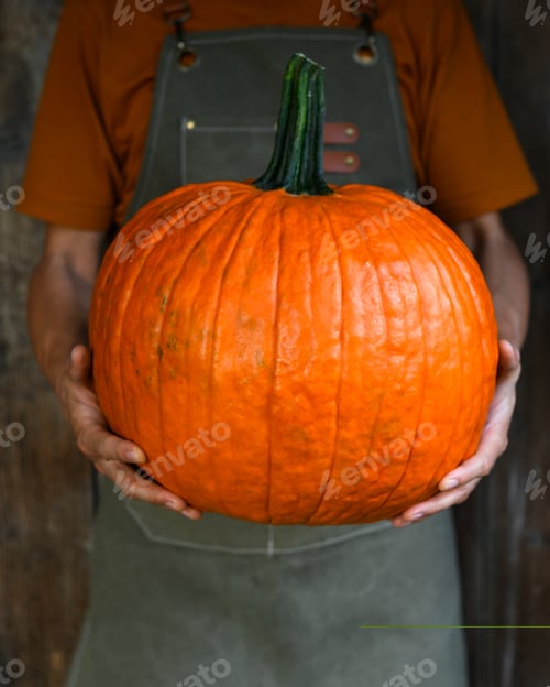 Preview: Orange pumpkin held firmly by farmer during harvest