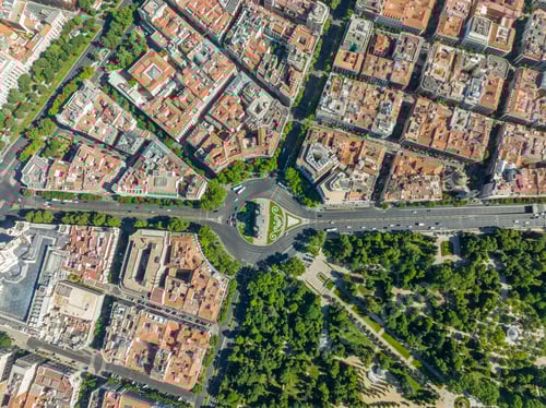 Preview: Aerial shot of Madrid streets symmetrically divided into residential areas and park areas