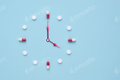 Preview: Clock created from pills and capsules on pastel blue background