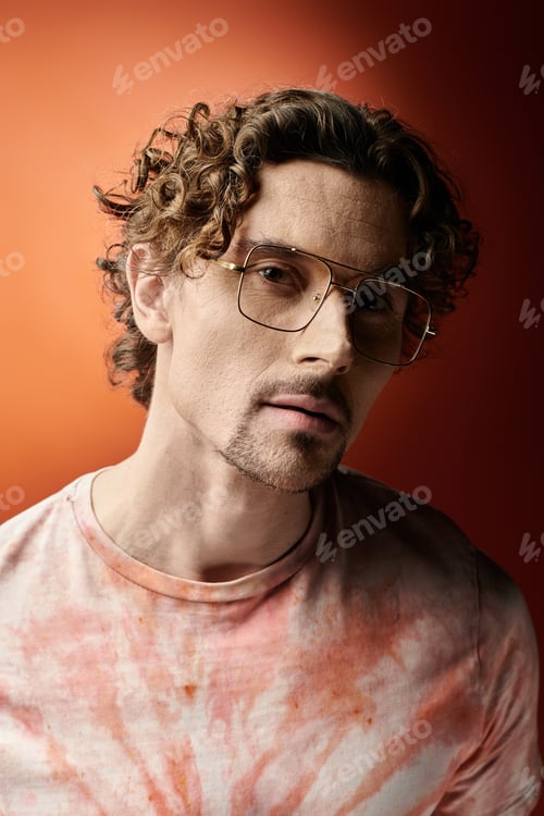 Preview: Handsome Emotional Man Posing Against Vibrant Orange Backdrop in Artistic Fashion