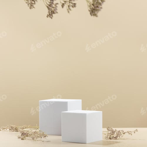 Preview: Abstract empty white podiums with dry flowers on beige background