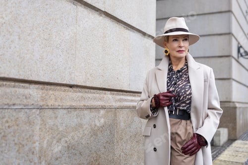 Preview: Stylish Woman Wearing Fashionable Clothing Beige Coat, blouse with print and trousers, Felt Hat