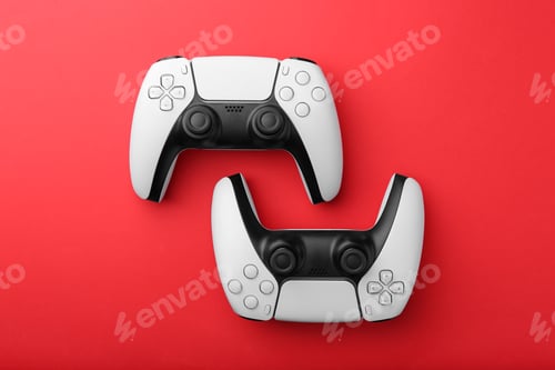 Preview: Wireless game controllers on red background, flat lay