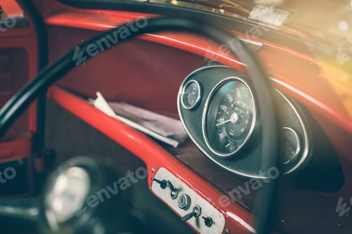 Preview: Close up on steering wheel, Classic car interior