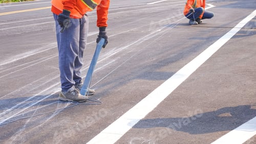 Preview: Cropped image of 2 road workers marking line for painting traffic color lines on asphalt road