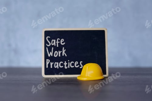 Preview: Small chalkboard with the text “Safe Work Practices” and yellow hard hat.