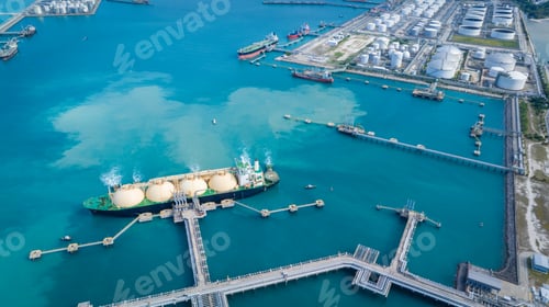 Preview: LNG (Liquefied natural gas) tanker anchored in Gas terminal gas tanks for storage. Oil Crude Gas