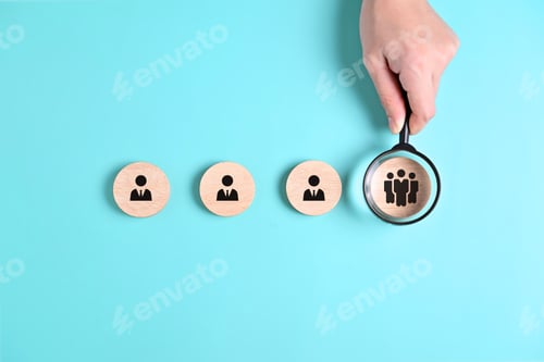 Preview: Wooden block with teamwork employees business icons, People with smart teamwork, Employees building