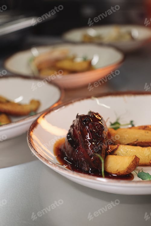 Preview: pork kebab on a plate. Juicy delicious food