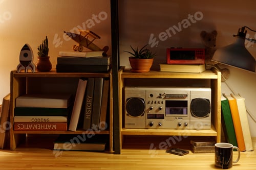 Preview: Retro Wooden Bookshelf Holding Books and Gadgets