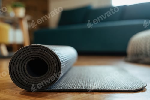 Preview: Close-up of rolled exercise mat on parquet floor.