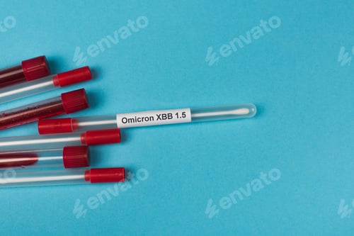 Preview: Top view of cotton swabs near test tubes with blood samples on blue background