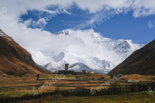 Preview: Church of Lamaria and the peak of Mount Shkhara in the village of Ushguli, Svaneti, Georgia