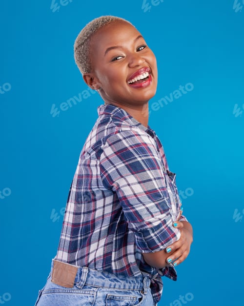 Preview: Happy, smile and portrait of black woman with confidence, happiness and empowerment in studio. Fash