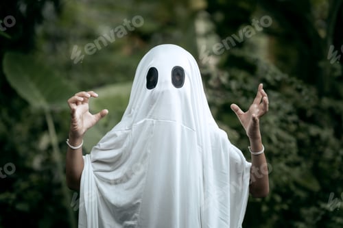 Aperçu: A young boy dressed as a ghost for Halloween wears a white sheet with two black eye holes