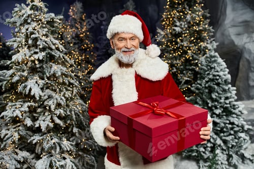 Preview: Cheerful Santa Claus holding a large red gift box surrounded by festive snow covered trees