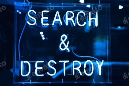Preview: Neon sign saying Search and Destroy in blue