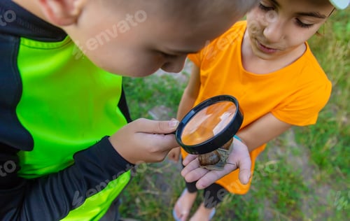 Preview: The child looks at the snail. Selective focus.
