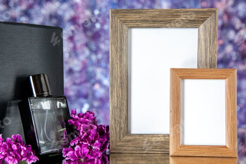 Preview: front view black expensive fragnance with picture frames on light background present perfume holiday