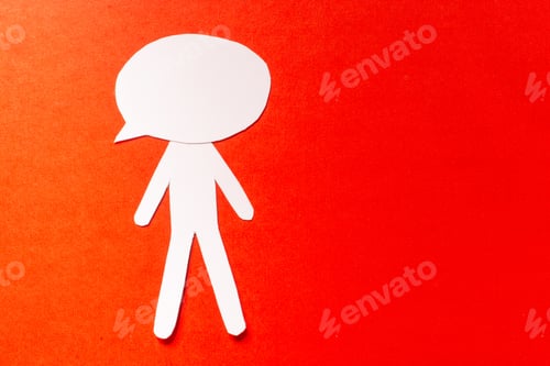 Preview: High angle shot of a paper figure with a thought head on a red background