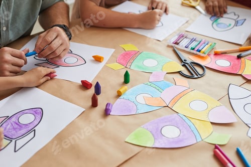 Preview: Kids Making Space Rockets in Art and Craft Class Close Up