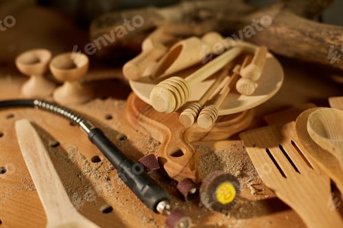 Preview: Workplace with power working tools graver for wooden utensils spoon, carving, grinder machine