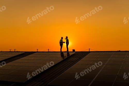Preview: Engineers walking on roof inspect and check solar cell panel by hold equipment box and radio communi