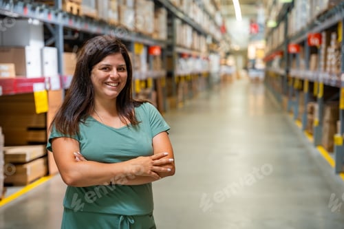 Preview: Portrait of woman customer or store worker with shelves in storage as background